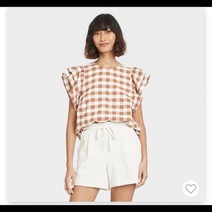 Gingham checks ruffle short sleeve linen top